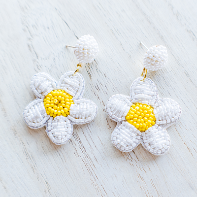 Beaded White Daisy Earrings