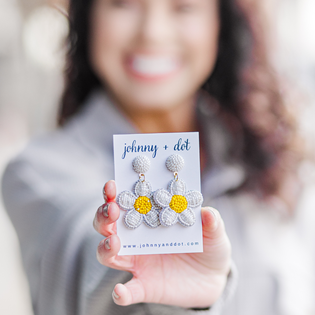 Beaded White Daisy Earrings